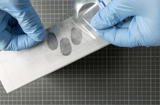 scientific police using fingerprint instant lifters, adhesive film for catching