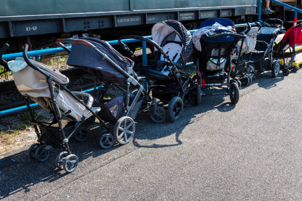 Karlsruhe, Germany - June 26, 2022: some baby carriages standing in a row in Germany