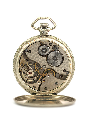 Vintage pocket watch inside detail of mechanism