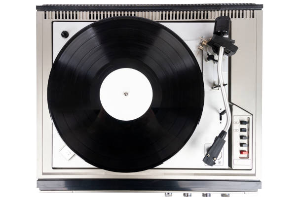 istock Vintage turntable record player with black vinyl 1424572092
