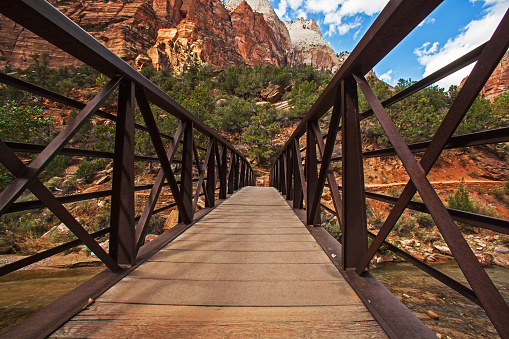 A bridge over the Virgin river on the Emerald Pools Trail in Zion National Park. Utah