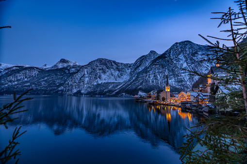 Hallstatt am See in Austria with the Alps in the background