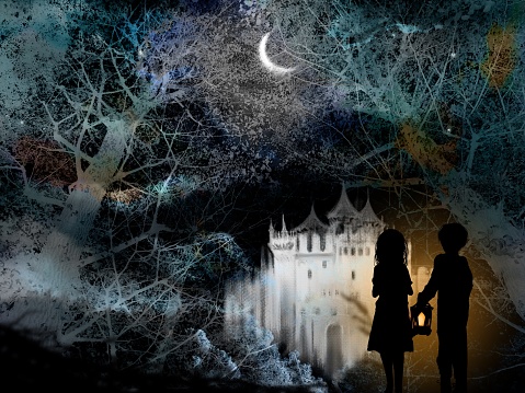 Moonlight and drifting clouds, cutout-style illustration of a brother with a lamp who wandered through the forest and found a castle and a frightened sister