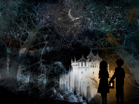 Moonlight and drifting clouds, cutout-style illustration of a brother with a lamp who wandered through the forest and found a castle and a frightened sister