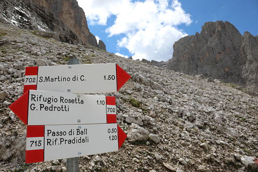 sign with the places of the Italian mountain near the village of San Martino di Castrozza in Northern Italy