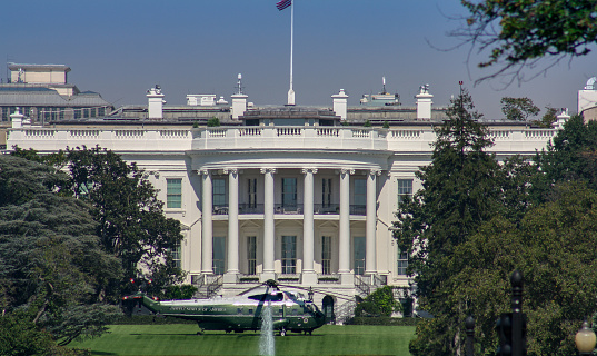 The White House in Washington DC with Marine One standing