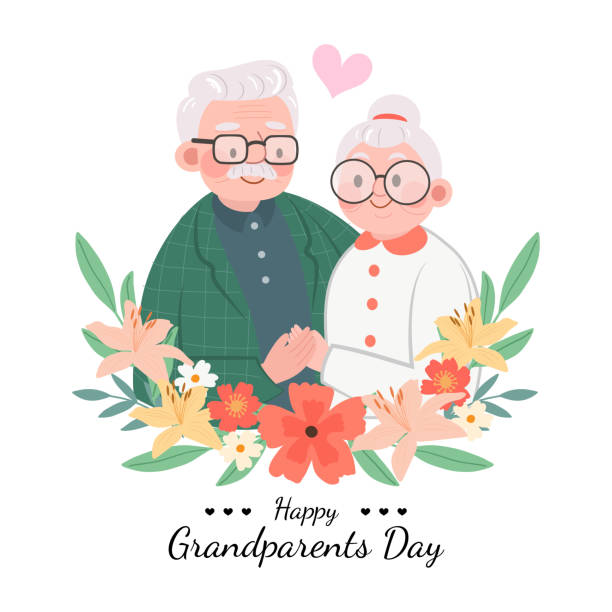 happy grandparents tag grußkarte vektor illustration. niedlicher cartoon-großelternteil isoliert auf weißem hintergrund - grandparent stock-grafiken, -clipart, -cartoons und -symbole