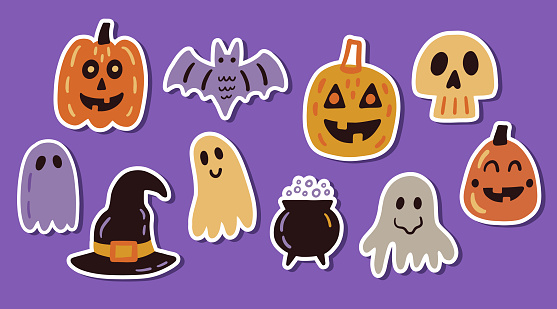 Halloween doodle  character stickers elements set. Funny Hand drawn cartoon sketches, isolated on white. Vector cute illustration. Seasonal objects and symbols. Kids decoration doodles collection.