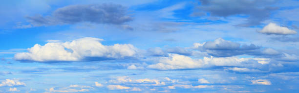 istock Blue sky landscape with white clouds. Horizontal banner 1424586786