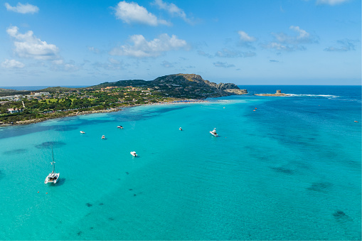 Aerial View of La Pelosa , Gorgeous Beach in Sardinia in summer - Italy