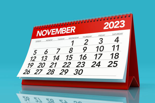 istock November 2023 Calendar. Isolated on Blue Background. 3D Illustration 1424597261
