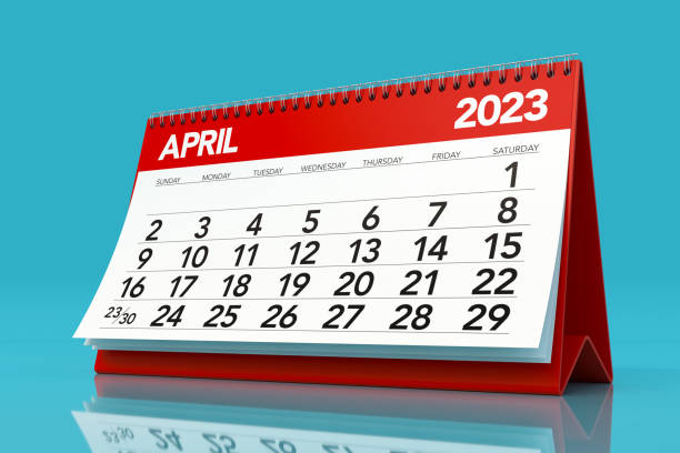 istock April 2023 Calendar. Isolated on Blue Background. 3D Illustration 1424597269