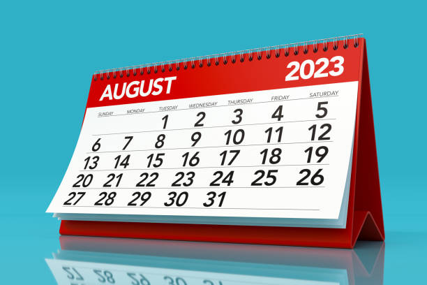 istock August 2023 Calendar. Isolated on Blue Background. 3D Illustration 1424597272