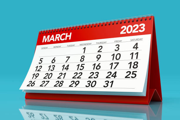 istock March 2023 Calendar. Isolated on Blue Background. 3D Illustration 1424597273