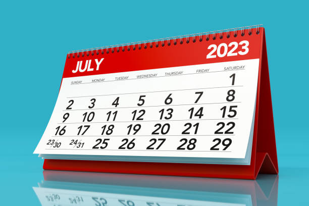 istock July 2023 Calendar. Isolated on Blue Background. 3D Illustration 1424597284