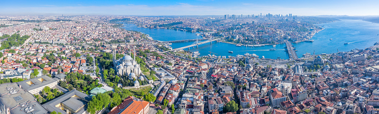 Panoramic view of Istanbul with Golden Horn strait at sunset