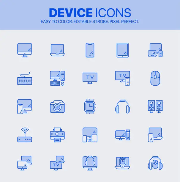 Vector illustration of Set of Device colorful web icons. Electornic, devices and technology symbol