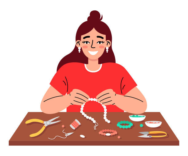 młoda kobieta robiąca biżuterię z koralików. ręcznie robione hobby. koncepcja koralików. - necklace jewelry bead homemade stock illustrations