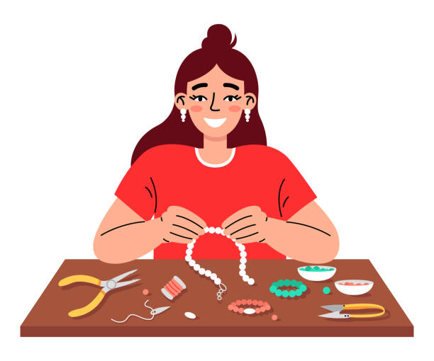 ilustrações, clipart, desenhos animados e ícones de jovem fazendo joias de contas. hobby artesanal. conceito de contas. - necklace jewelry bead homemade