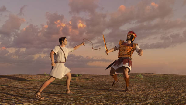 Confrontation between David and Goliath stock photo
