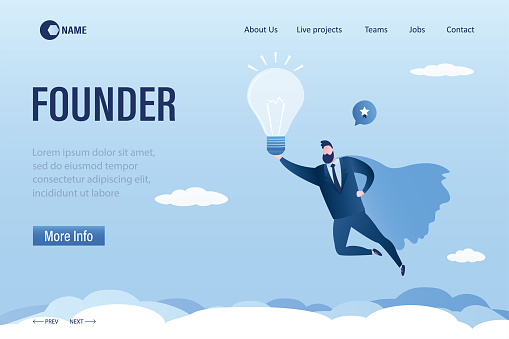 Founder, landing page template. Businessman looking like super hero flying with big light bulb. Brainstorming, ideas search, innovation. Author of new business idea. Trendy style vector illustration