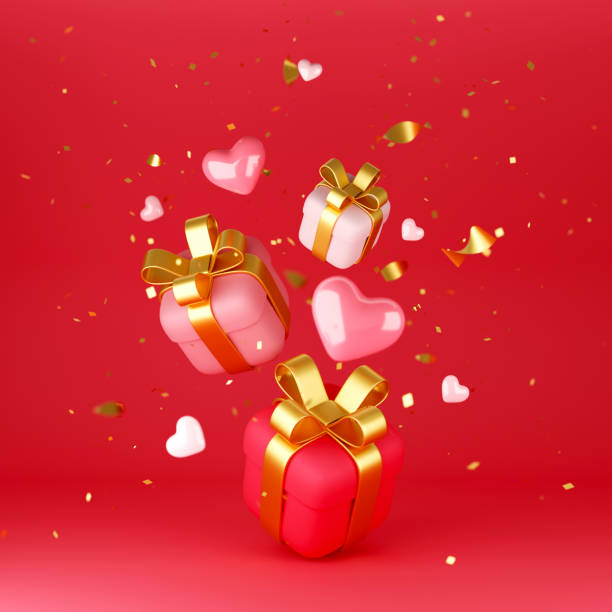 istock Red, pink and white gift boxes and hearts falling on red background 1424609673