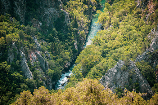 Aerial view of Altınbeşik canyon river in Akseki İbradı,Antalya