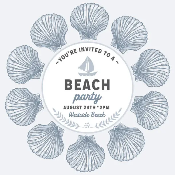 Vector illustration of Beach Party Invitation Template With A Frame Of Seashells