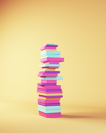 Tall Stack of School Books in Pink Purple Blue Beige Studying Back to School Concept Quarter View 3d illustration render