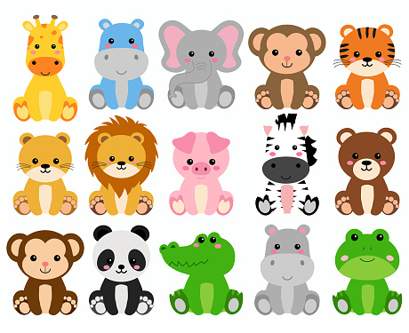 Cute wild animals set including lion, tiger, pig, bear, lioness, panda, monkey, zebra, and giraffe