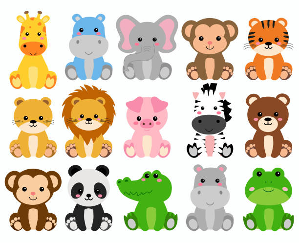 Cute wild animals set Cute wild animals set including lion, tiger, pig, bear, lioness, panda, monkey, zebra, and giraffe panda animal stock illustrations