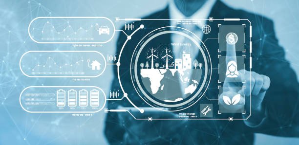 istock Man touch bar of energy worker interface, sustainable development with renewable energy icon,conservation of natural resources Environmental protection,electric car, powerplant, energy transmission 1424617615