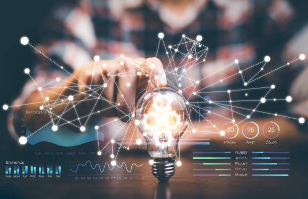 Creativity in the hands of business people idea concept, Businessman holding glowing light bulb with drawing brain and connection line, creative thinking ideas and innovation technology and creativity stock photo
