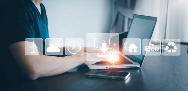 istock Laptop and eco with energy worker interface, sustainable development with renewable energy icon,conservation of natural resources Environmental protection,electric car, powerplant, energy transmission 1424619341