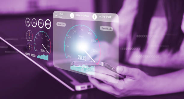 istock Fast internet connection with Metaverse technology concept, Hand holding smartphone and Virtual screen of Internet speed measurement,Internet and technology concept, 5G Hi speed internet concept 1424619387