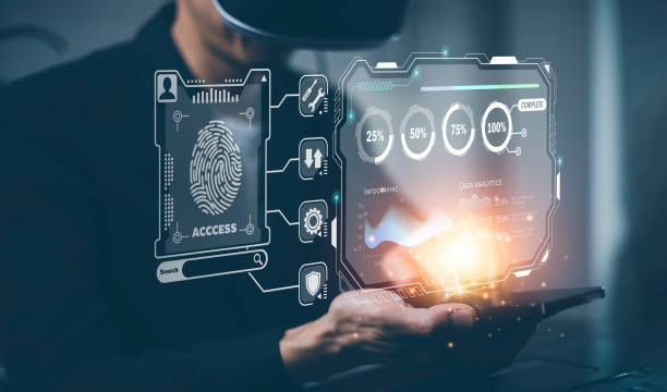 istock Man wearing VR glasses virtual touch screen bitcoins graph Screen Icon of media screen,Technology Process System Business with Communication and marketing concept, big data, HR Human, Business success 1424619498