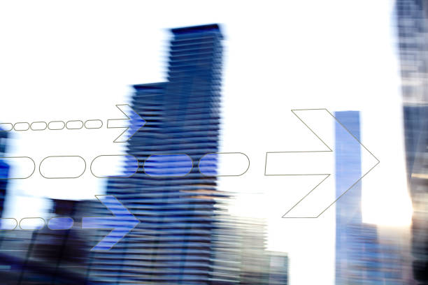 Finance. Office building exteriors  and Graphic Arrow.