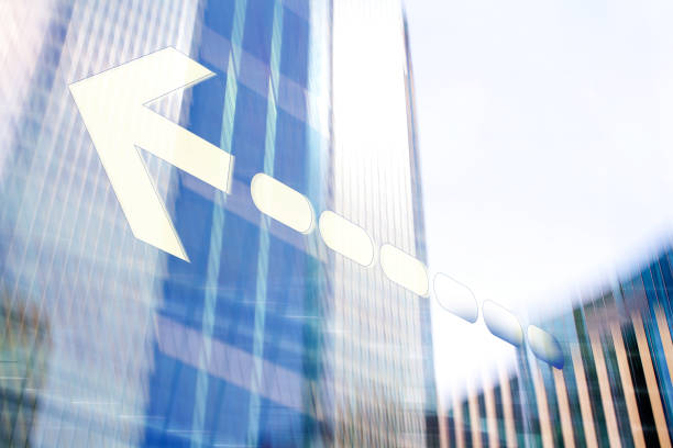 Finance. Office building exteriors  and Graphic Arrow.