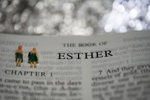Open book of Holy Bible The Book of ESTER and minimal model with bokeh for background and inspiration