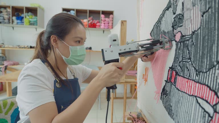 Woman use Tufting Gun DIY rug with Monk cloth