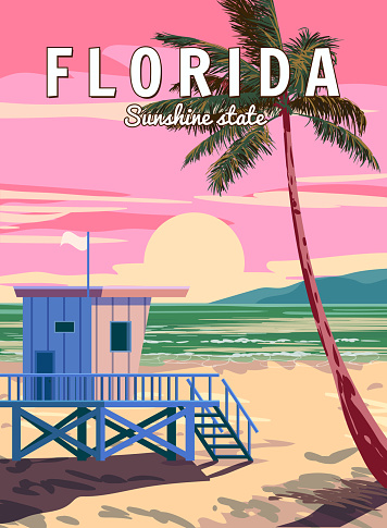 Retro Poster Florida Soutn Beach. Lifeguard house on the beach, palm, coast, surf, ocean. Vector illustration vintage style isolated