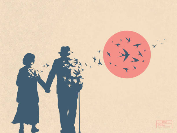 Old people silhouette Death and afterlife. Flying birds and red sun dead bird stock illustrations