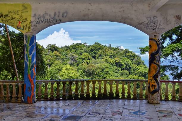 Jaco beach, ocean, city and views, Costa Rica from El Miro Ruins, mansion declared biological corridor, Summer 2022, Central America. stock photo