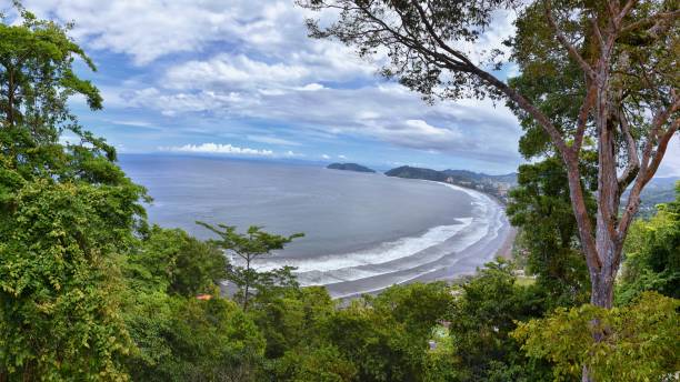 Jaco beach, ocean, city and views, Costa Rica from El Miro Ruins, mansion declared biological corridor, Summer 2022, Central America. stock photo