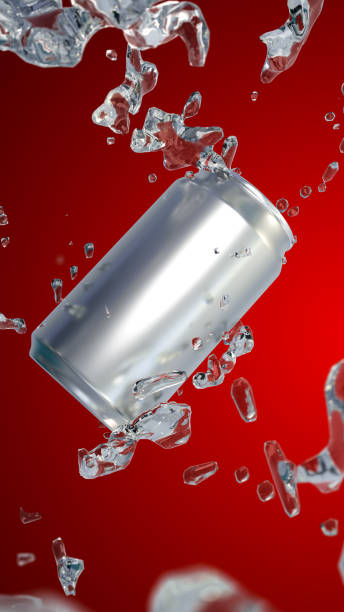 istock Vertical aluminium can with fresh water splash on red background. 1424636276