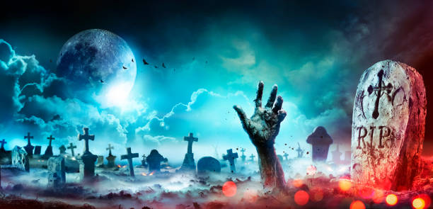 istock Zombie Hand Rising Out Of A Graveyard At Night With Full Moon 1424637100