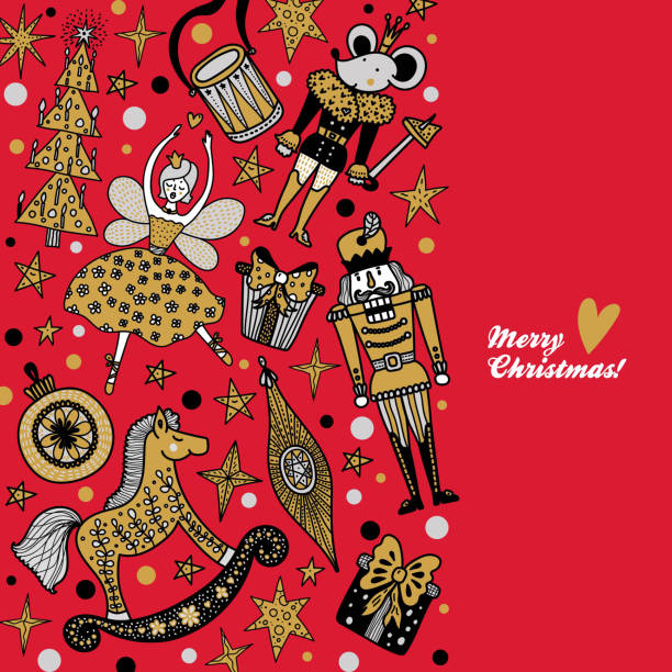 Nutcracker. Cute red Christmas vector card. tree crown stock illustrations