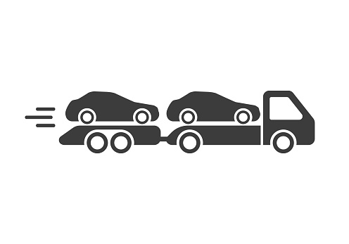 Tow truck icon with additional trailer. The cars are on a tow truck.