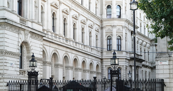 London, UK - September 14, 2022: A view of the entrance to Downing Street from Whitehall in London, UK.