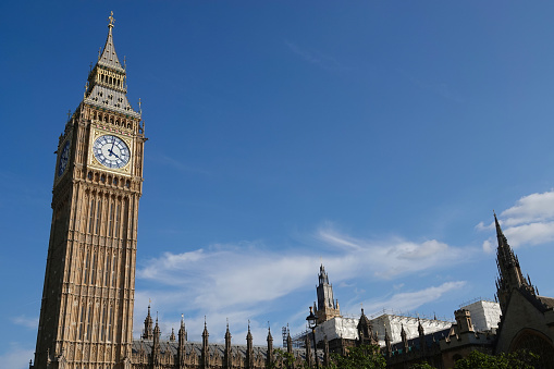 London, UK - September 14, 2022: Big Ben rising above the Houses of Parliament in Westminster, London, UK.
